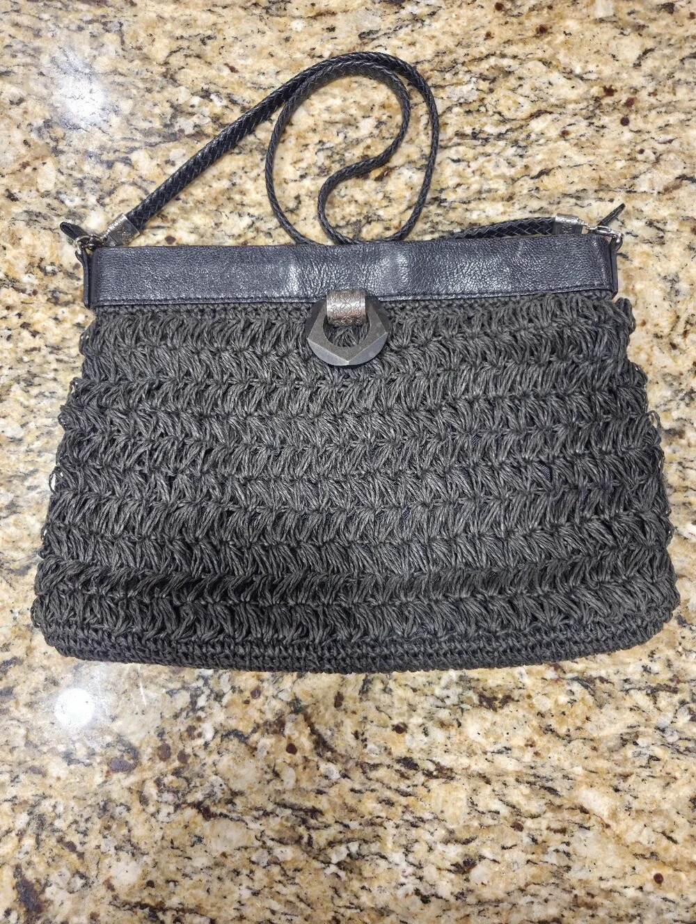 Brighton Black Woven Raffia Shoulder Bag With Silver Embellishment Leather Strap
